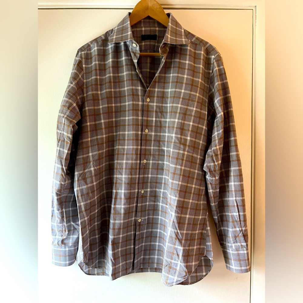 Byron Men’s Casual Button Down Shirt Brown Black White Plaid Check Cotton Medium